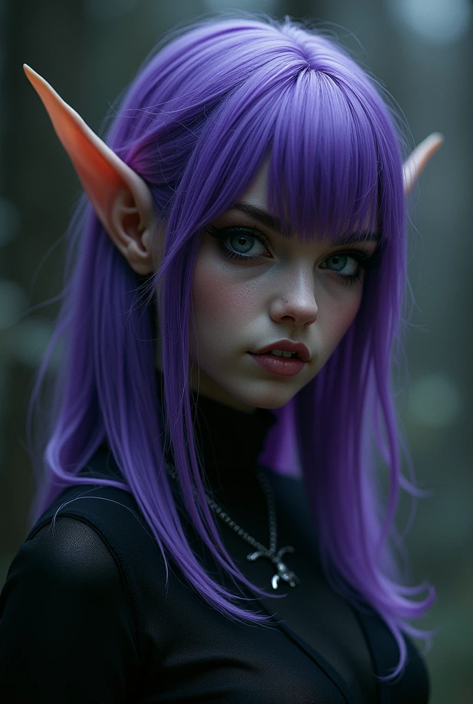 Purple haired elf, with black eyes, dark clothing and fangs