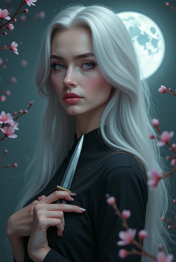 head of'artwork, Beautiful girl, Night Moon Full Moon, 1 female, femme mature, sister, Royal sister, cold face, Sans expression, Woman with long silvery white hair, light pink lips, tranquil, intellectuel, Grey eyes with three stripes, Couteau court d'assassin, flower ball background, Hand details, Finger details, facial details, Eye details,