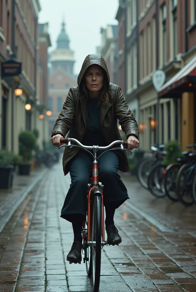 A Dutch woman riding a bicycle on a rainy day