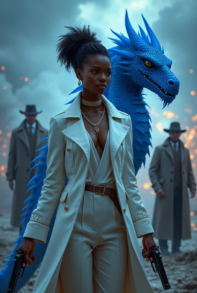 african woman,Voodoo,mafia,White jacket, pistols,trench coats, Apocalypse,blue dragon companion.