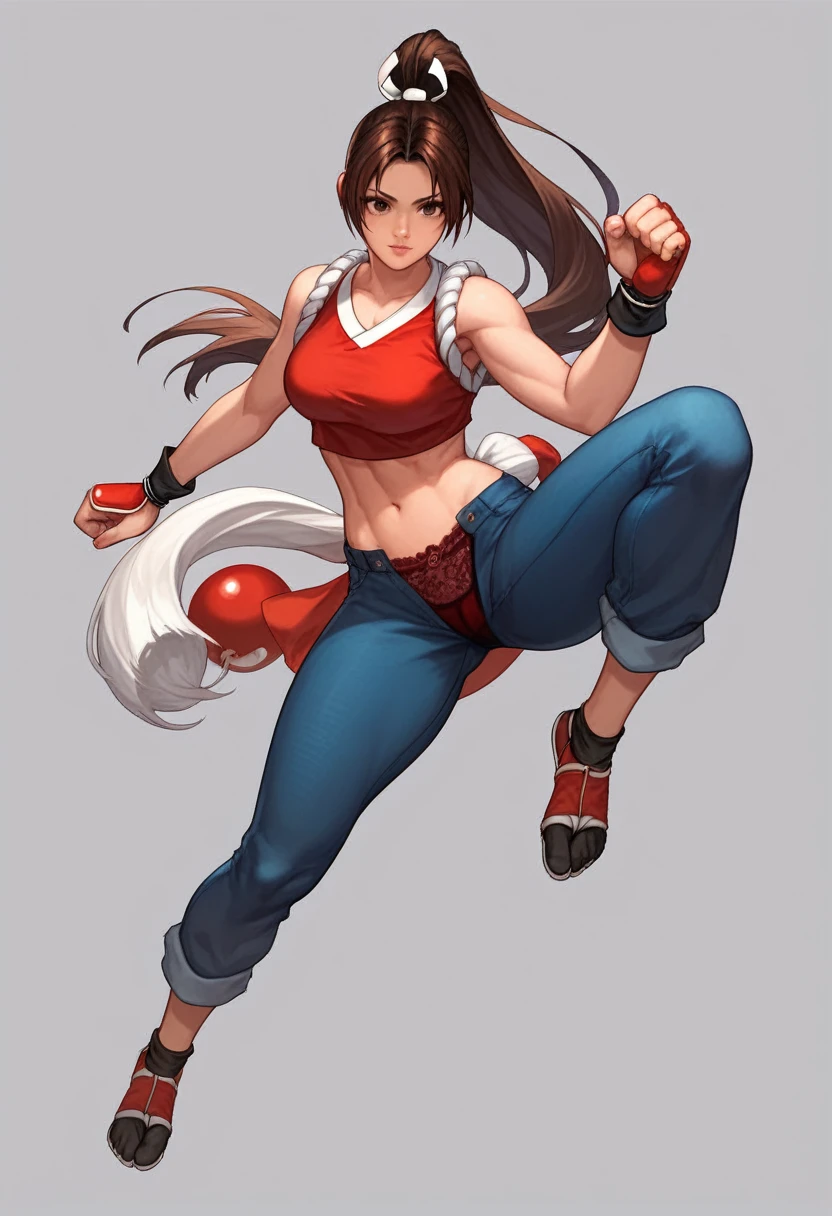 shiranui_mai, the_king_of_fighters, solo, mai shiranui, full body, casual clothing, jeans showing part of the panties, white cropped women's shirt (Milk inscribed), red lace panties, belly showing, black sneakers, martial pose score_9, score_8_up, score_7_up, score_6_up, score_5_up, score_4_up,