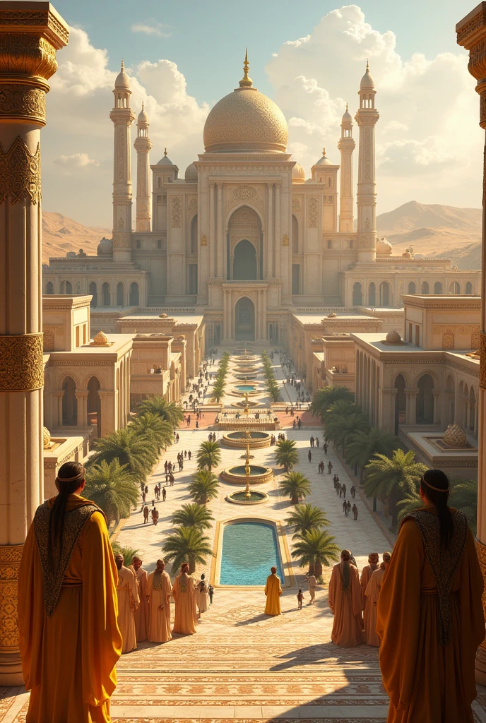 A rich kingdom located in the desert, with buildings predominantly in white and gold, inspired by Ancient Egypt, Ancient Greece and Ancient Rome