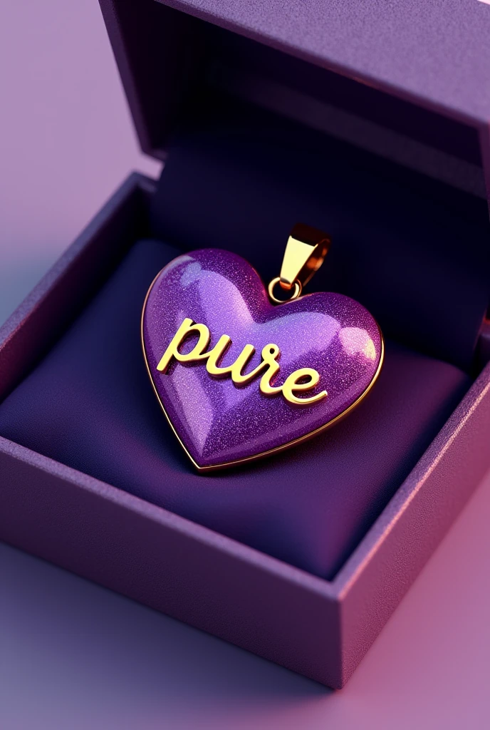 Create a shiny and sparkling purple heart-shaped pendant image with a shiny gold plating., personalized with name "Pure" engraved in the middle. The pendant is attached to a simple and elegant loop and is presented in a purple open gift box with a glossy textured bright purple exterior and a plush interior that matches the color of the box..