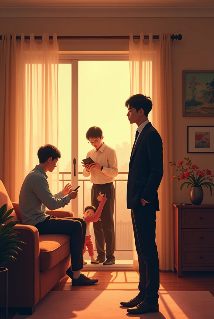 Silhouette of 23 year old Asian man in suit watching 2 Asian man playing in living room with Asian boy
