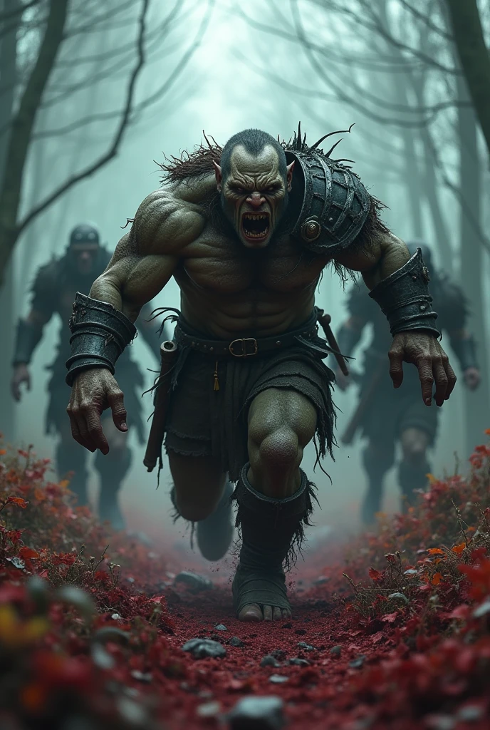 a group of orc soldiers retreating in fear after the orc king was killed by the human king in the bloody forest, highly detailed, epic fantasy, cinematic lighting, dramatic composition, 8k, volumetric lighting, mist, depth of field, cinematic camera angle, gritty realistic, dramatic shadows, dramatic highlights, moody atmosphere, atmospheric fog, dark and moody color palette, dramatic lighting, intense details, ultra-realistic textures, digital art, concept art, hyper detailed, masterpiece, award winning, ultra detailed, cinematic composition, dramatic atmosphere, stunning visuals, intricate details, dark fantasy, masterful lighting, dramatic scenery, moody color tones, epic scale, cinematic feel, photorealistic, dark and gritty, dramatic action, intense battle scene, dark and ominous, dramatic shadows and highlights