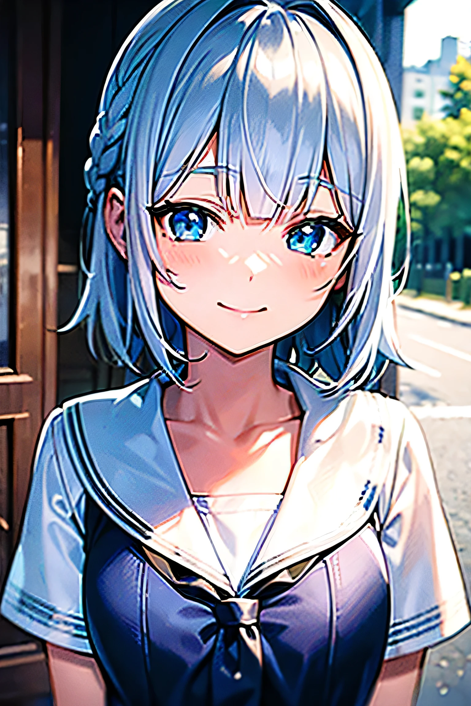 ((ultra-detailed)),((illustration)),2girls,AND((ultra-detailed)),((illustration)),2girls,White hair,braid,blunt bangs,big eyes,double eyelids,green eyes,heartwarming smile,sailor suit,AND((ultra-detailed)),((illustration)),2girls,Blue hair,short hair,big eyes,double eyelids,blue eyes,heartwarming smile,sailor suit,sky,street,sunny,cat,