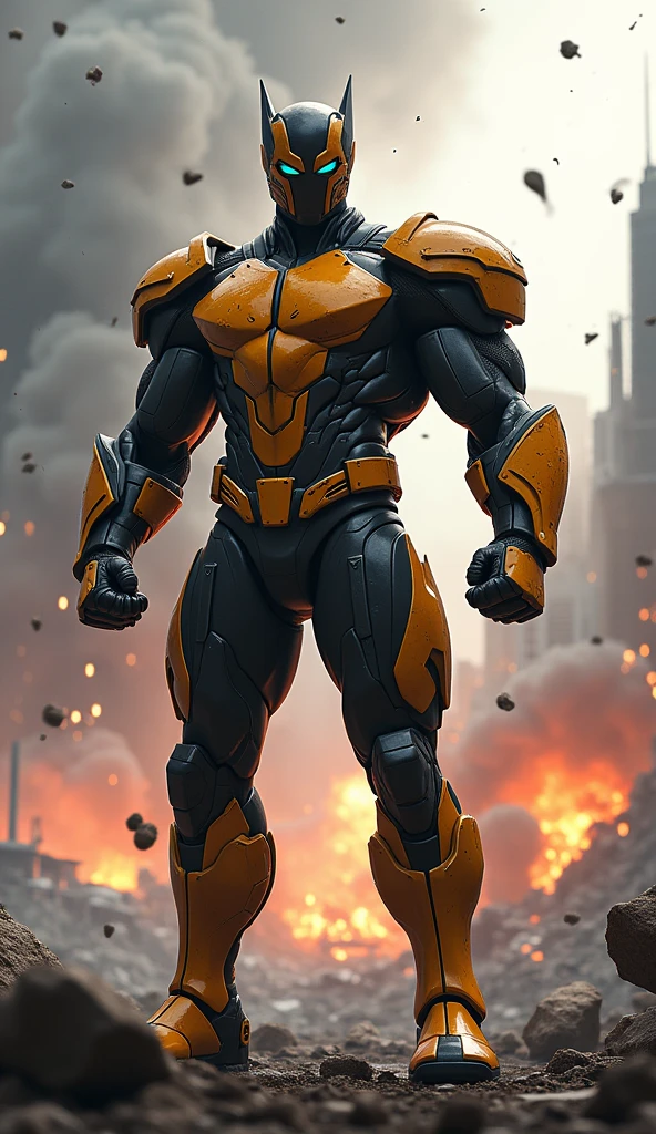 A high-quality, realistic image landscape, full body shot, front shot, super man concept image, attacking pose, post-battle damage scattered across armor, set against a backdrop of a ravaged futuristic cityscape, smoke billowing, scattered debris, contrasting the Armor's sharp lines, sharp shadows cast by the intense lighting of an explosion, captured in a realistic style, ultra-fine details.