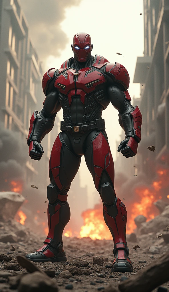 A high-quality, realistic image landscape, full body shot, front shot, super man concept image, attacking pose, post-battle damage scattered across armor, set against a backdrop of a ravaged futuristic cityscape, smoke billowing, scattered debris, contrasting the Armor's sharp lines, sharp shadows cast by the intense lighting of an explosion, captured in a realistic style, ultra-fine details.