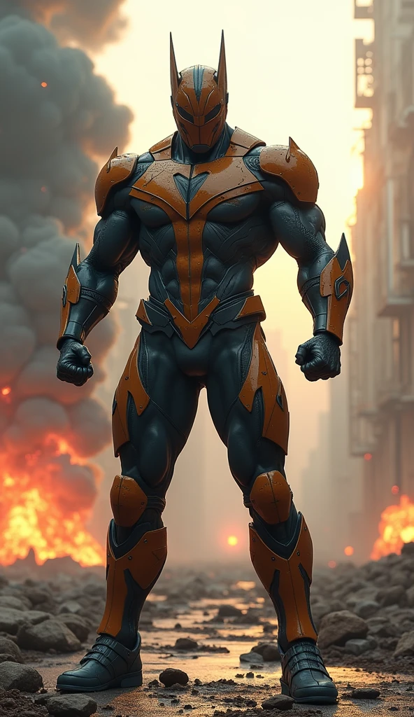 A high-quality, realistic image landscape, full body shot, front shot, super man concept image, attacking pose, post-battle damage scattered across armor, set against a backdrop of a ravaged futuristic cityscape, smoke billowing, scattered debris, contrasting the Armor's sharp lines, sharp shadows cast by the intense lighting of an explosion, captured in a realistic style, ultra-fine details.