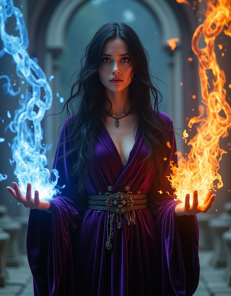 photo of a sorcerer casting magic, the left hand grasp a massive chain with ice effect, right hand grasp a massive chain with fire effect, she wearing a dark violet tunic made from velvet, she has long messy black hair and purple eyes, the chain is floating in the air, cinematic lighting, vidid light, photo focus on the chains, accurate flowing chains, chains floating freely in the air