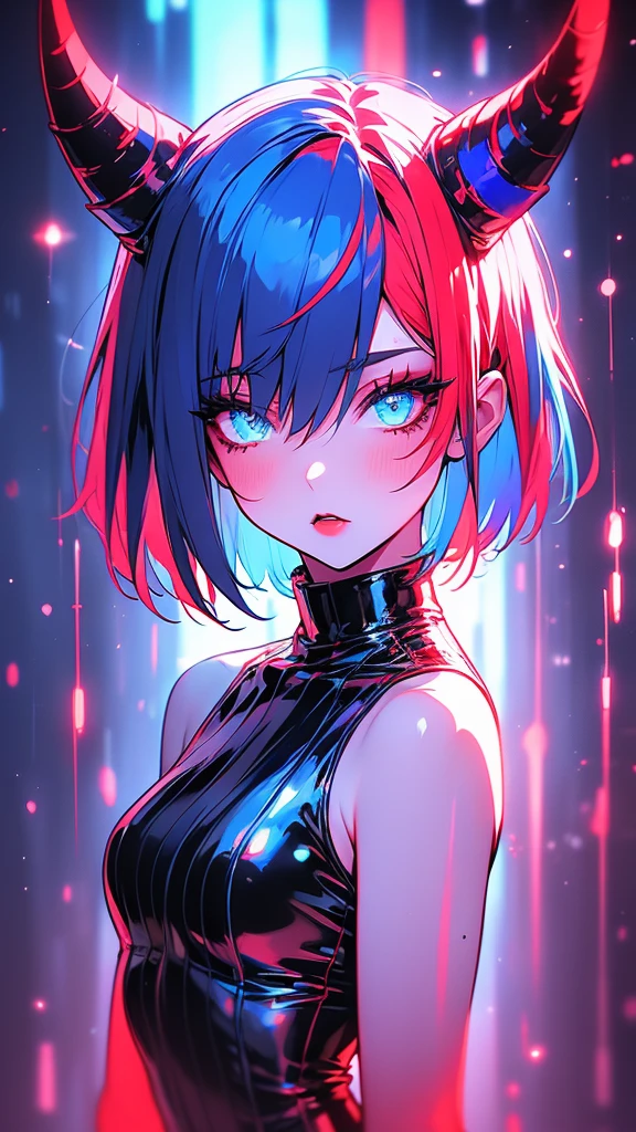A girl in a dark foggy background, red turtleneck, pixie cut hair, multi-colored hair with red and blue neon highlights, expressive beautiful detailed eyes, black shorts, gothic makeup, red neon hearts, neon blue horns, liquid sumi ink, depth of field, sharp angle, unreal focus