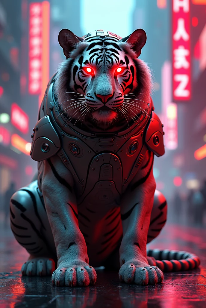 Tiger in red
glossy cyborg helmet and costume with red glowing eyes,costume with red glowing eyes, sitting in cyberpunk neon city