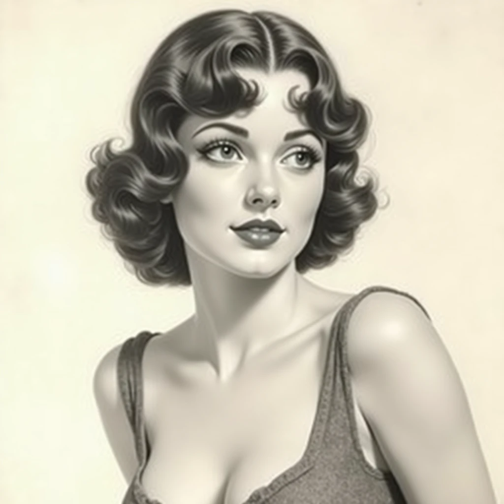 A delicate, graphite sketch portrays, a nude young beautiful Ava Gardner, medium firm breasts, standing bare feet without background, her features rendered in subtle shading and precise lines. The framing is tight, focusing attention on the subject's serene face. Soft, feathery strokes convey the gentle texture of her hair,