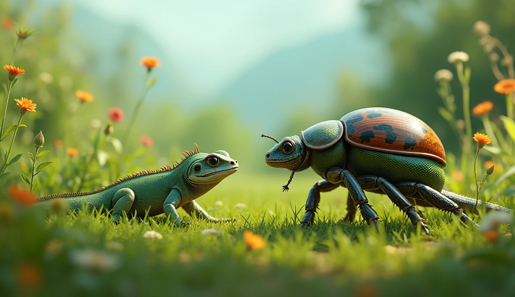 A lizard and a beetle in a grassland setting.