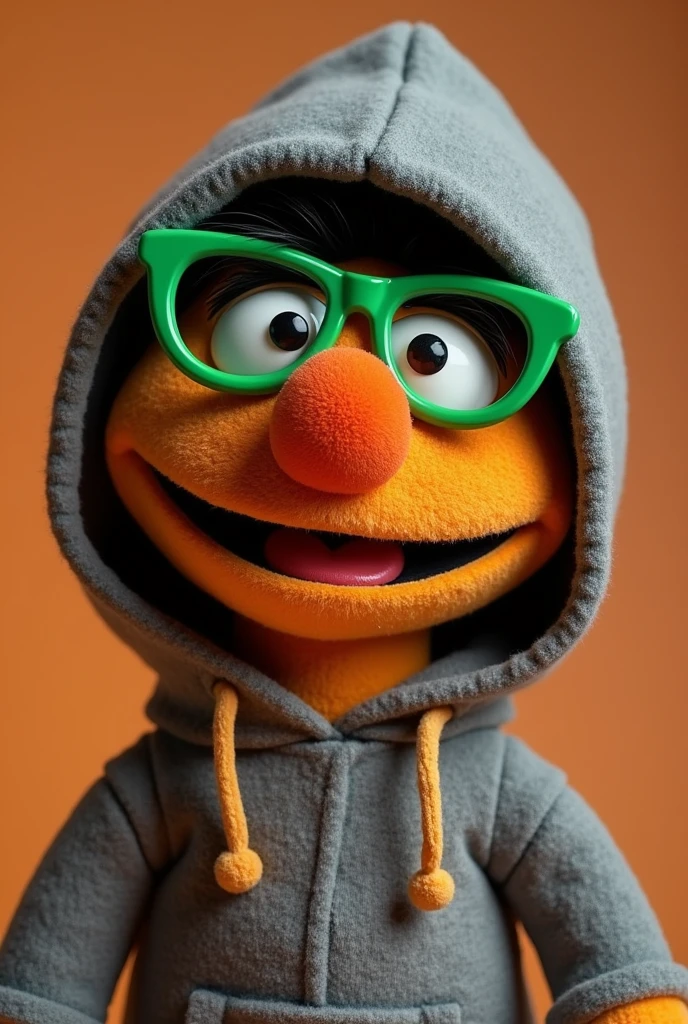 Sesame Street Enrique doll with orange red nose with a gray hood and green sunglasses