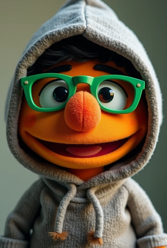 Sesame Street Enrique doll with orange red nose with a gray hood and green sunglasses