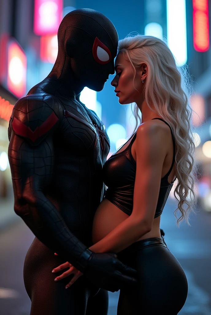 A stunning portrait of muscular Spider-Man in his black suit and white suit embracing Felicia Hardy as the marvel character Black Cat, young and beautiful, hyper realistic, real portrait, backlit, exquisite features, cleavage, sexy, seductive, her hair is white, she is wearing a black leather body suit unzipped to her belly button, location is city at night. Neon lights, large breasts, athletic body, narrow waist, wide hips, she is nine months pregnant, her belly is exposed, Spider-Man’s suit is only black and white