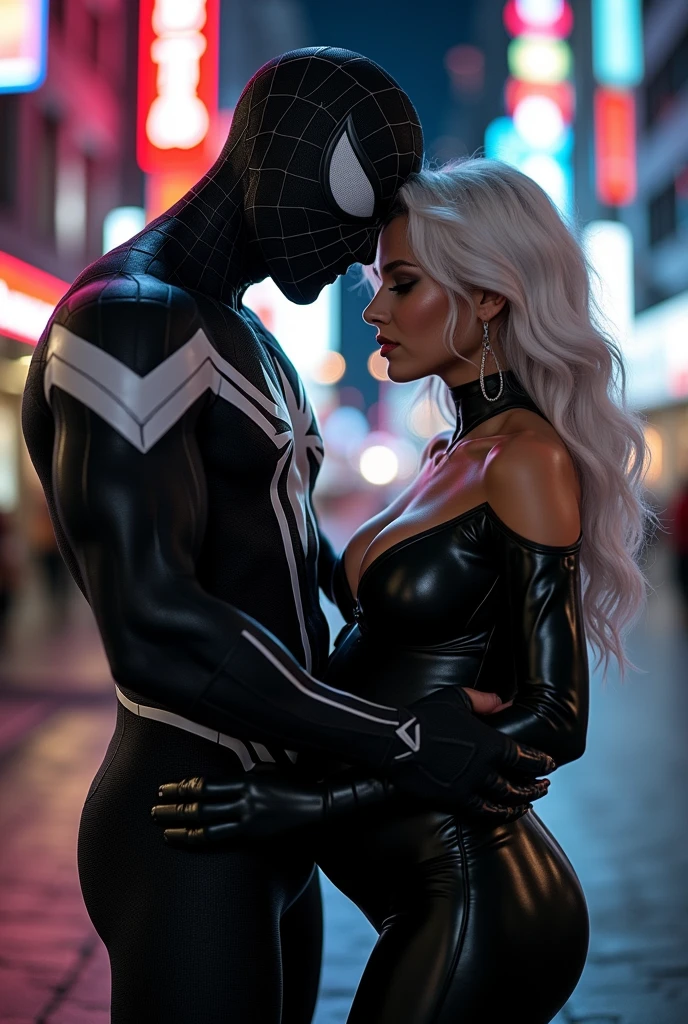 A stunning portrait of muscular Spider-Man in his black suit and white suit embracing Felicia Hardy as the marvel character Black Cat, young and beautiful, hyper realistic, real portrait, backlit, exquisite features, cleavage, sexy, seductive, her hair is white, she is wearing a black leather body suit unzipped to her belly button, location is city at night. Neon lights, large breasts, athletic body, narrow waist, wide hips, she is nine months pregnant, her belly is exposed, Spider-Man’s suit is only black and white
