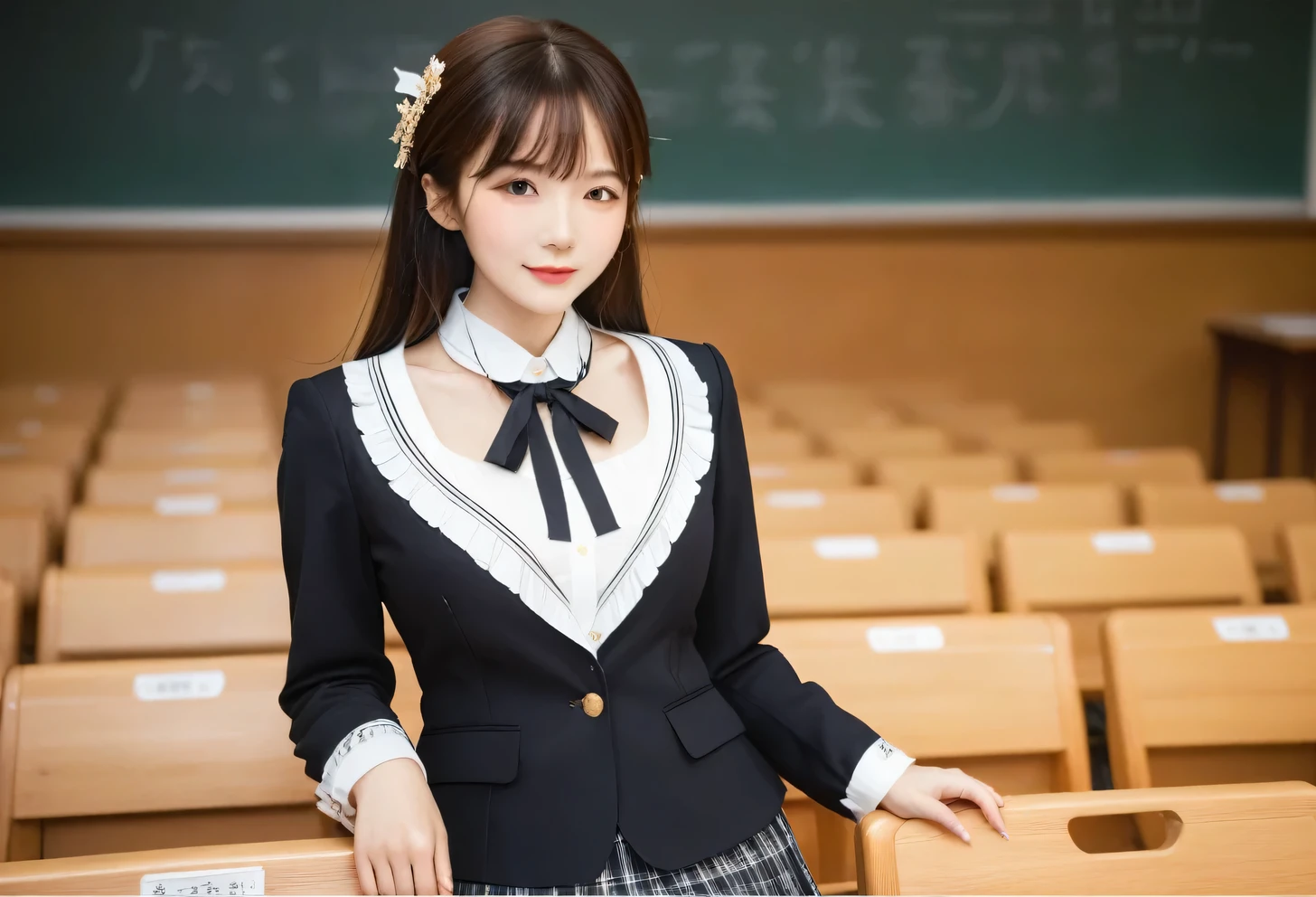 score_9, score_8, score_8up, score_7, Highest quality、masterpiece, group、((White tight collared shirt, blazer、mini skirt, uniform,)), Large Breasts, ((Layered Haircut)), Slim body, Slim face(8k,Highest quality),Shot from medium distances,classroom, Adorable, smile, Long brown hair, 32K, masterpiece, Best image quality,Ultra-high resolution,Perfect hands,Black choker、Almond Eye、bangs、Very thick and long eyelashes, ((Big Breasts))、Students listening to the lecture、A dreamy look、Natural Makeup、They are sitting side by side taking a class