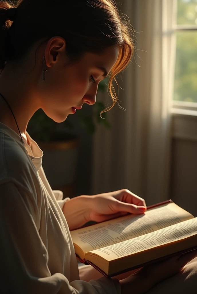 "Create a realistic image of a person gently flipping through the pages of a Bible. Depict the individual in a serene, contemplative setting, such as a quiet room with soft, natural lighting or a peaceful outdoor space. The person should be shown with a focused and reflective expression, carefully turning the pages of the Bible with one hand, while the other hand holds it steady. The Bible should be clearly visible, with its pages open and the text partially legible. Use warm, soft lighting to highlight the pages and the person's hands, creating a sense of reverence and connection with the sacred text."


























































































