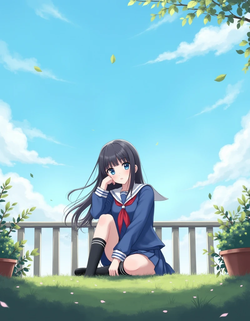 1girl, arm support, bangs, black hair, blue eyes, blue sailor collar, blue skirt, blue sky, cloud, cloudy sky, collarbone, day, grass, leaf, leaves in wind, long hair, long sleeves, looking at viewer, neckerchief, outdoors, petals, plant, pleated skirt, potted plant, railing, red neckerchief, sailor collar, school uniform, serafuku, shirt, sitting, skirt, sky, solo, tree, vines, white shirt, wind