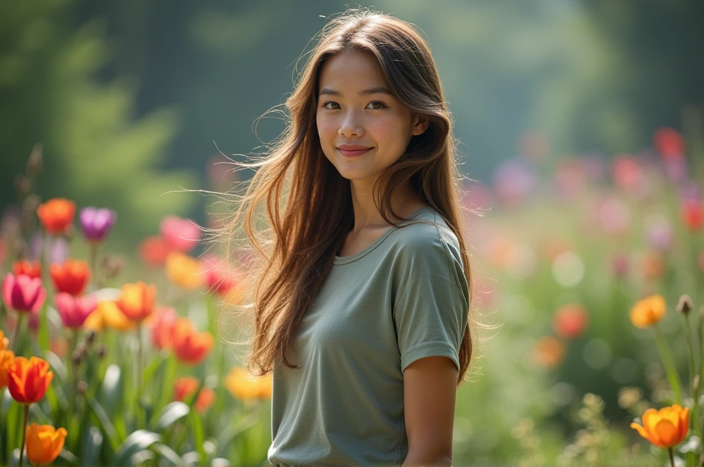 fot, taken from a distance that shows the entire body, She is very young, plein-air, em um jardim, short skirt and t-shirt, Caucasian skin, sad for a lost love, long brown hair, a softened ironic smile - colorful flowers, contained excitement, Soft lighting on your face, realistic skin-clothes-hair textures, sky blue eyes carpeted mist, beautiful real textures and delicate aesthetics, full body view, notable for natural feminine beauty, noise, 8 k quality, FOTO RAW, by professional photographer, rule of thirds, Extremely Detailed