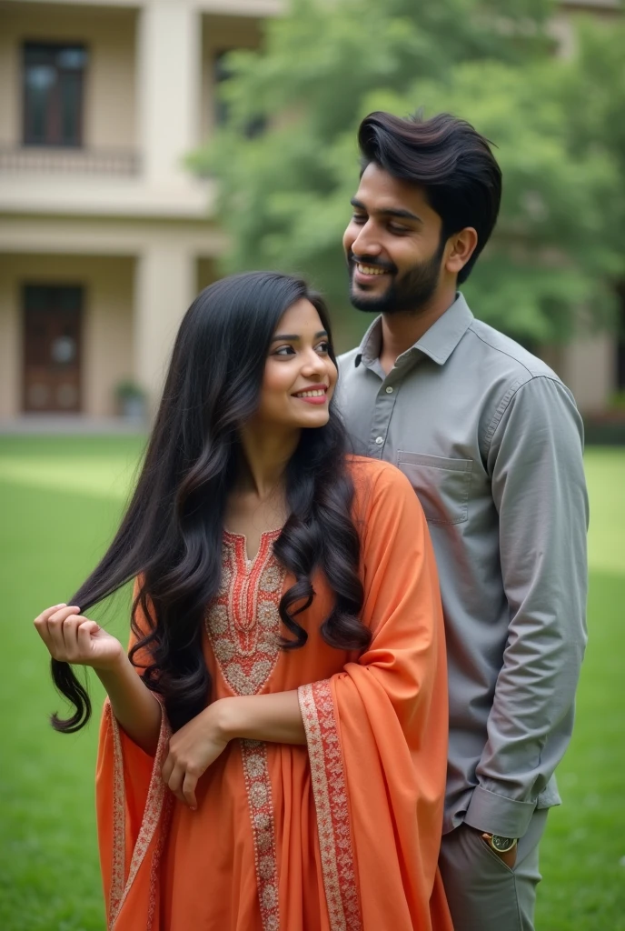 Bangladeshi adult girl and adult boy are sitting in a university yard,the girl are playing with her hair and the boy watching her from behind in a loving way,the girl also blushing , the girl wearing selwer kamiz and the boy wearing shirt pant . The girl is looking at the camera, she's posing like hand in on her hair and the boy is watching her from behind and it's look so realistic . The photo is like 90's posing photo