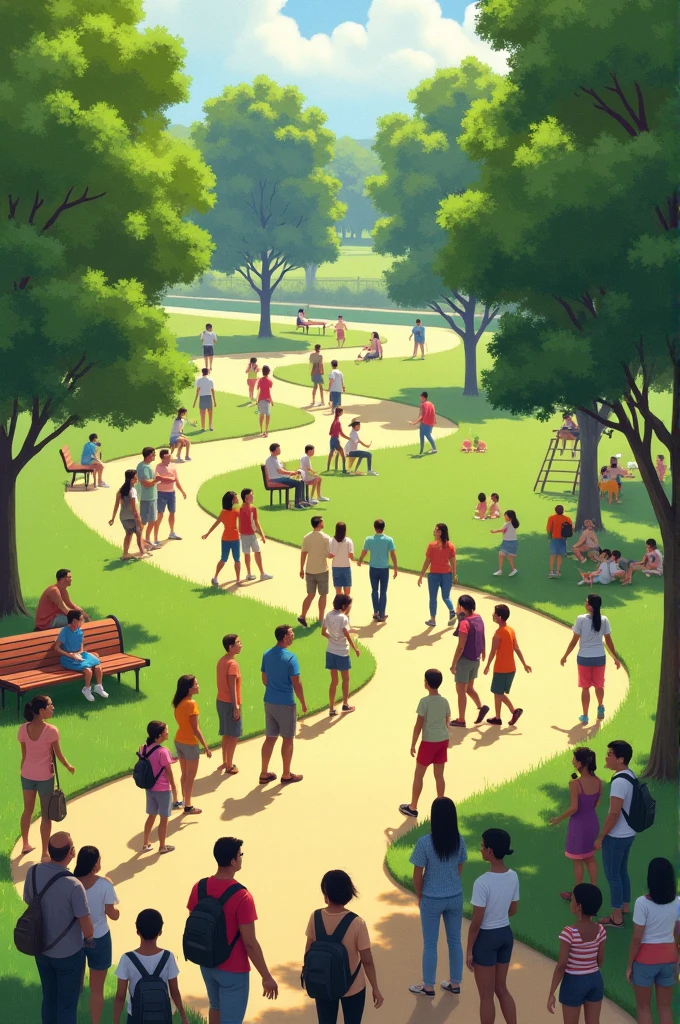 Drawing of men and women many people in a park