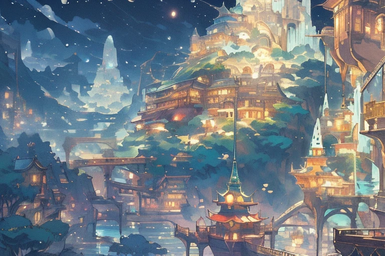 new Hayao Miyazaki, Bright colors, Beautiful and detailed characters, Whimsical landscapes, great atmosphere, gentle soft lighting, Ethereal music, Fantastic creatures, intricate details, hand drawn illustration, complicated pattern, A fascinating storyline, Fantasy elements, vast scenery, light wind, Delicate cherry, flowing river, towering mountain々, Peaceful village, mysterious forest