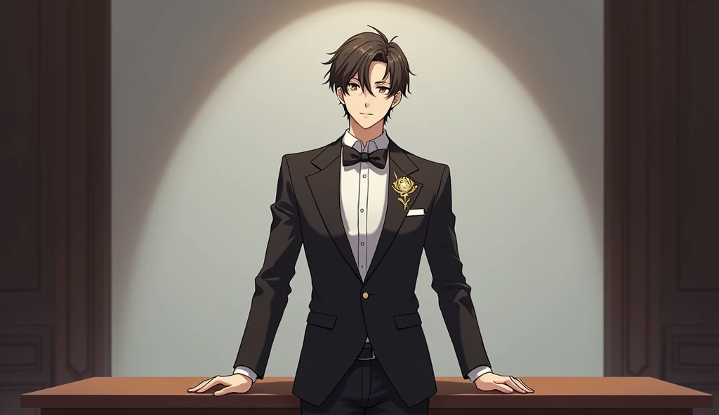 Male full body Anime charector in face forward and formal dress in setting on a table and studio background