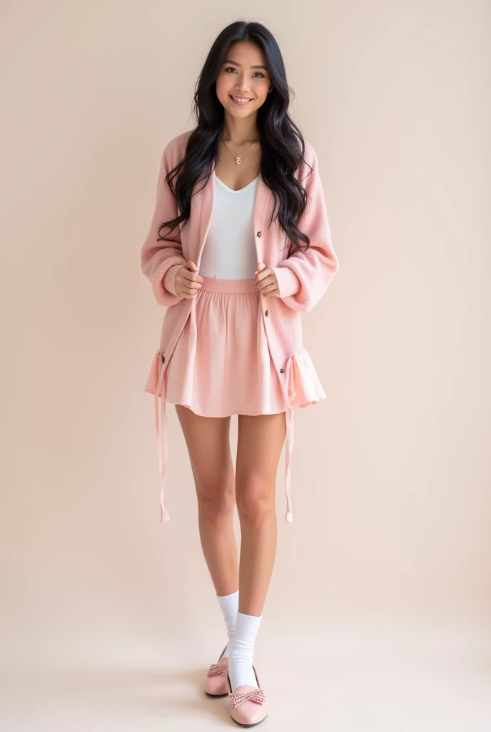 ((best quality)), ((masterpiece)), (detailed) She's wearing a white top inside and a cardigan on top , she has a light pink skirt on with white socks and white leg warmers with some cute pink shoes which also has some heels. She is not too tall maybe 5'2 and she had long black silky hair. She isn't too chubby but not too thin either. Her eyes are the most captivating. It's brown and it shines in the light. Her skin glowing with radiant as she smiles and stands there looking beautiful. Cute adorable looking all pink and white combo outfit 

