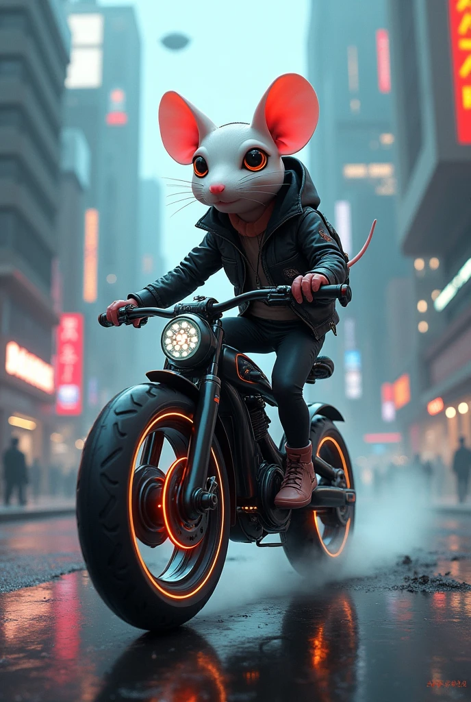 Mouse on a bike cyber punk having body and attractive face 