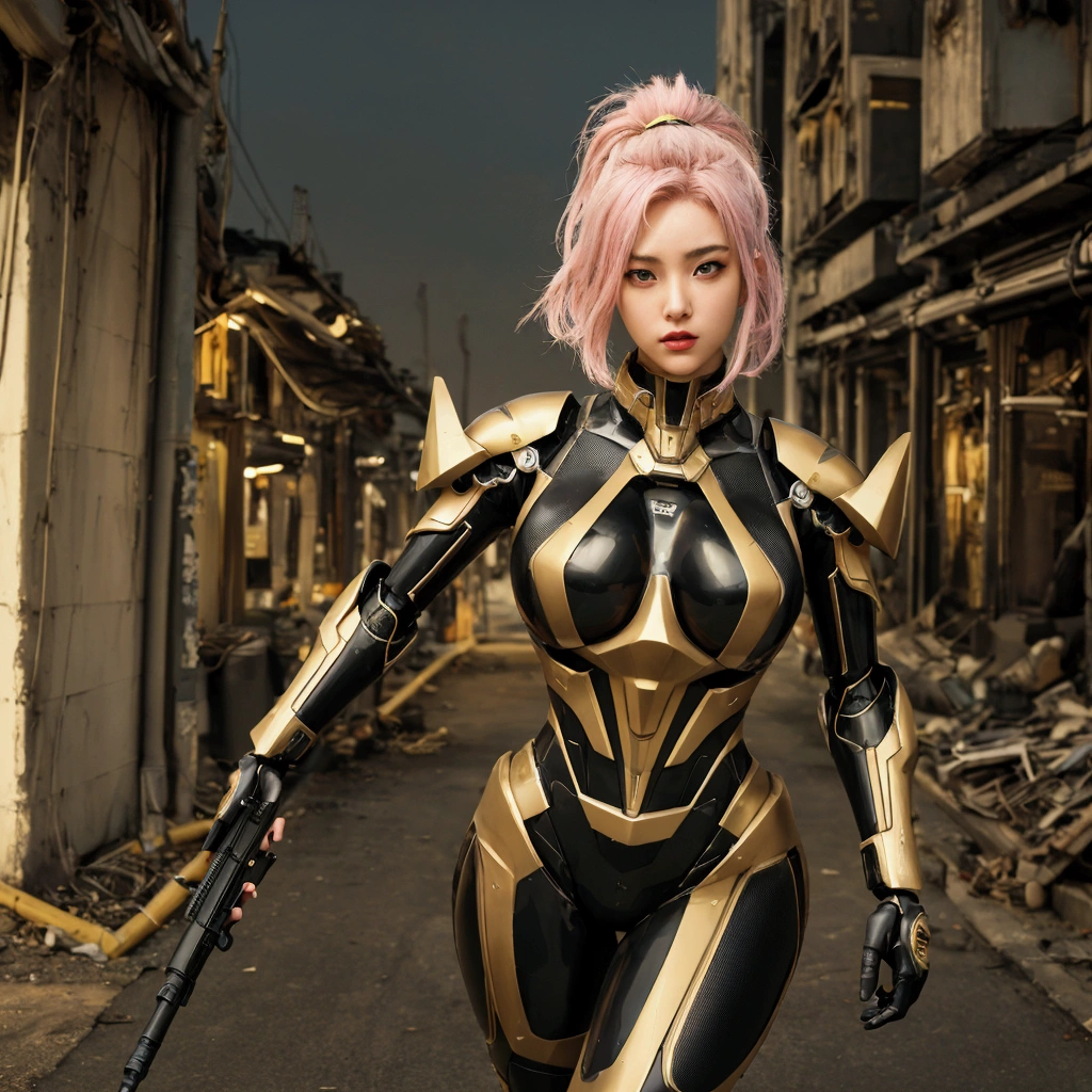 a realistic photo, hdr photo realistic, hyper detailed, very high definition, single woman, wearing a futuristic gel combat suit, black and gold, mecha style, hyper details at the level of the suit, she has pink hair moving with a light wind, her curves are voluptuous, she looks at the sky thoughtfully, the features of her face are realistic, she holds a gun in her hand, the background is a post-apocalyptic city, all the details of the scene make this photo is a masterpiece, De Bas En Haut, Gros seins, Cheveux Longs,
