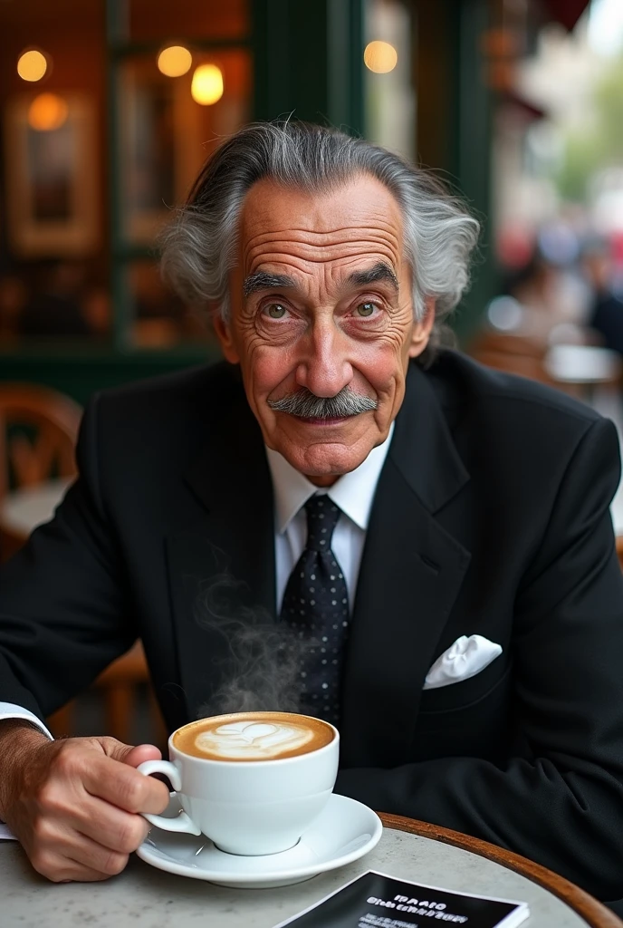 A hyperrealistic photograph of Salvador Dalí sitting at a Parisian café table, sipping a steaming cup of cappuccino. The artist exudes warmth and charm, and his expression hints at the creative genius that lies within. A glossy magazine titled "Ideogram Magazine" is placed on the table, featuring a 5 man with almost black hair and an almost white circle beard on the cover. The text "Roberto Salcedo, Elite Creator" appears at the bottom. The background captures the bustling atmosphere of the café., portrait photography, cinematic, vibrant, photo, architecture