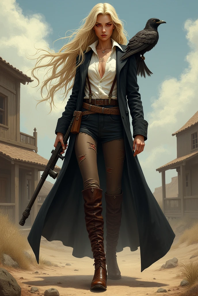I would like a woman with long, wild, and blond messy hair, red eyes, and a lyre-like appearance. She wears a black bounty hunter overcoat, a white shirt with the middle open, suspenders, a long brown boot, and holds a weapon in her hand. She also has an bird perched on her shoulder. I would like her to have a mature style and for the art to be in a fantasy RPG style set in the Old West.