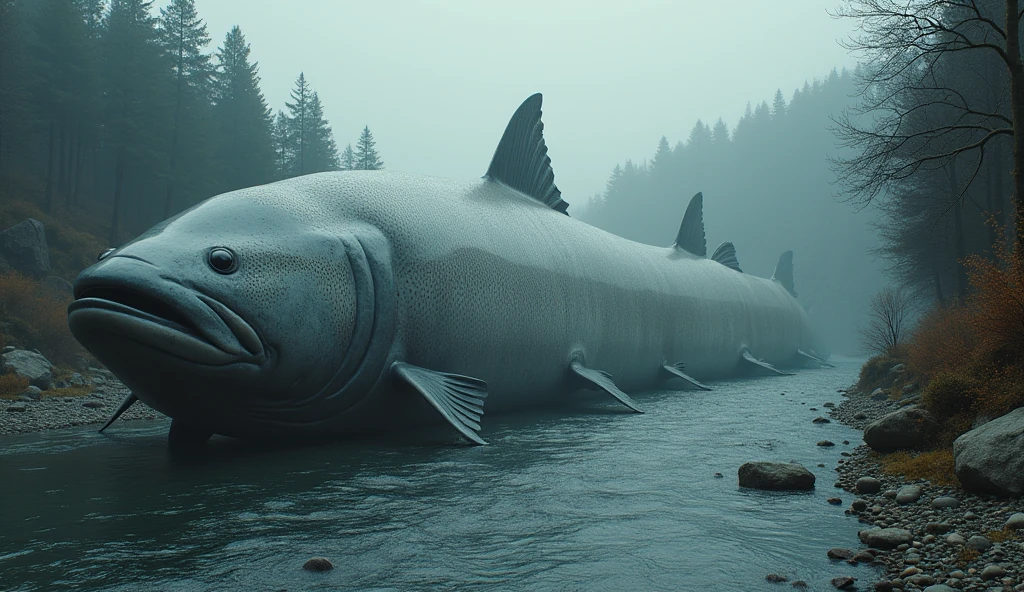 There is a shadow、Fish salmon、The fish has small black spots on its body.、The fish is lying down against the river, blocking it.、The fish is 50 meters long.、The river is so narrow that the fish are sticking out