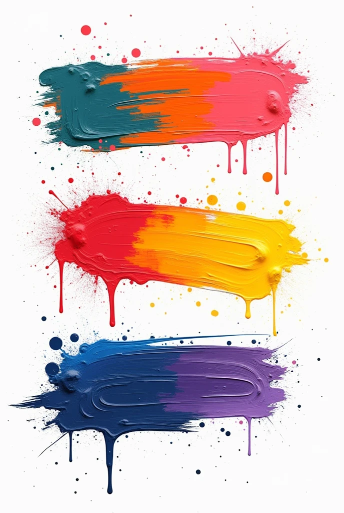 three mixed vibrant color brush strokes horizontal on white background, with drops of paint flowing, 10 different pattern with sadwos. 