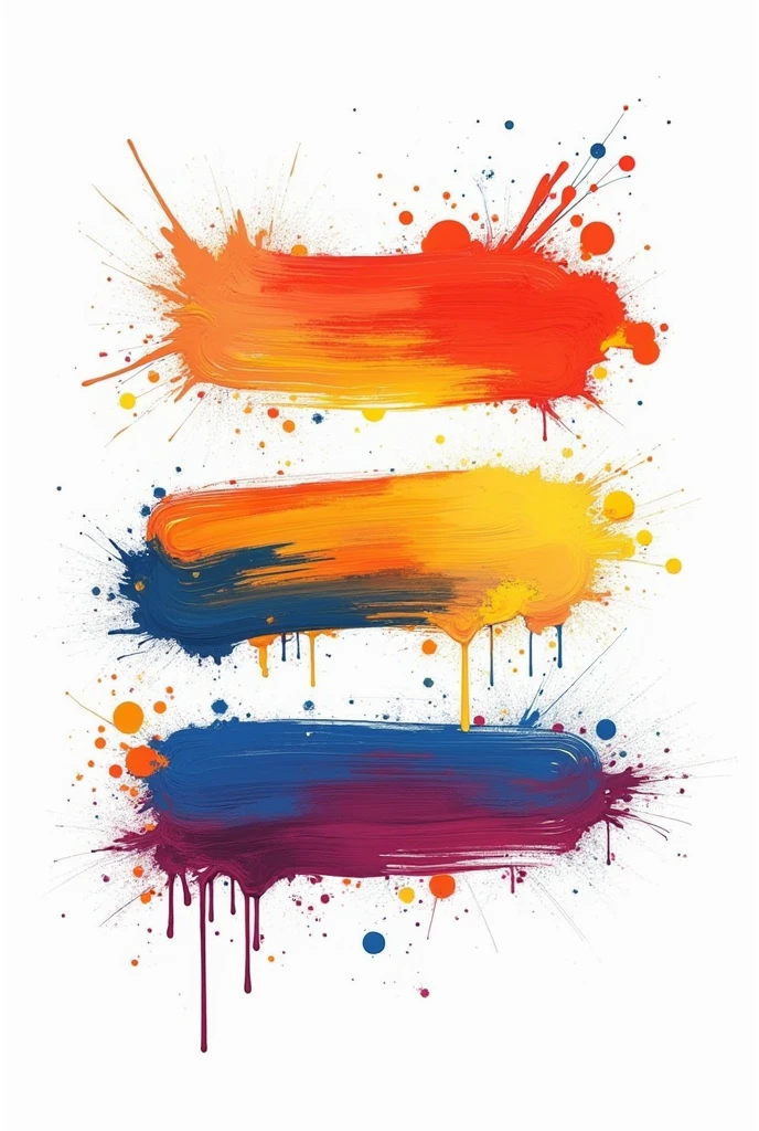 three mixed vibrant color brush strokes horizontal on white background, with drops of paint flowing, 10 different pattern with sadwos. 