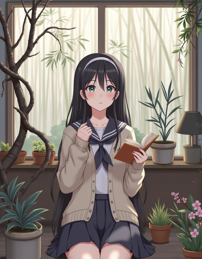 1girl, bamboo, bangs, bare tree, black hair, blush, book, branch, cardigan, eyebrows visible through hair, hair between eyes, hairband, holding, holding book, indoors, leaf, long hair, long sleeves, looking at viewer, neckerchief, palm tree, plant, pleated skirt, potted plant, sailor collar, skirt, sleeves past wrists, solo, tanabata, tanzaku, tree, very long hair, window