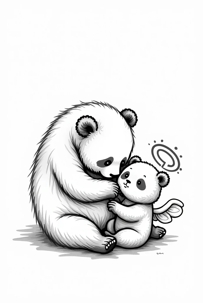 Mama panda and her angel panda happy in black and white lines for tattoo