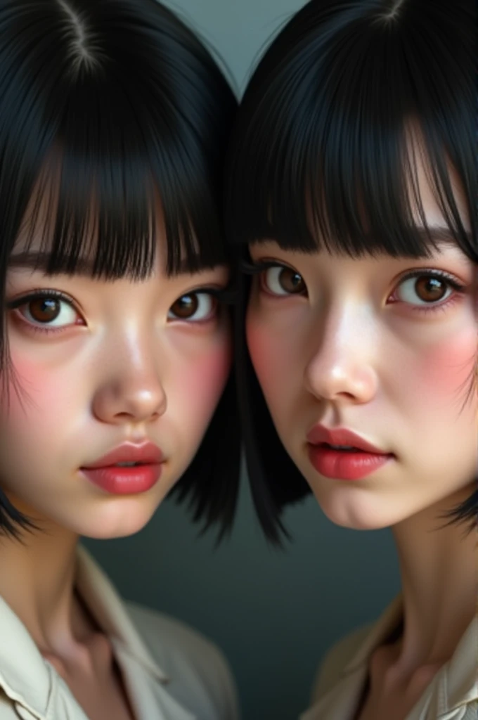 2 white girl , blackquality hair , short side bangs , rectangular face and thin chin , normal sized nose turned up at the tip , striking brown eyes , marked eyebrow , medium sized mouth