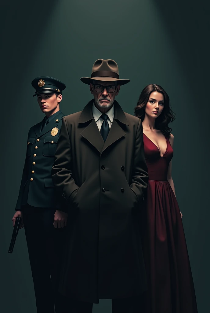 Imagine a minimalist 2D comic book cover with a dark, moody background that highlights the three main characters. At the center stands a 50-year-old inspector, with a serious and experienced look. He wears a distinctive detective coat and hat, with wrinkles on his face that suggest years of service.
To his left is a 2 young inspector, dressed in a neat police uniform. His expression reflects youthful determination and focus, as well as a readiness to prove himself in tough situations.
On the right side stands a beautiful young woman, dressed modestly but stylishly. Her attire is elegant, with subtle details that emphasize her charm, and her posture exudes confidence.
The entire scene is framed in a minimalist 2D style, with sharp edges and clean lines, enhancing the sense of mystery and tension. The background is simple and dark, allowing the characters to stand out as the central focus of the illustration.