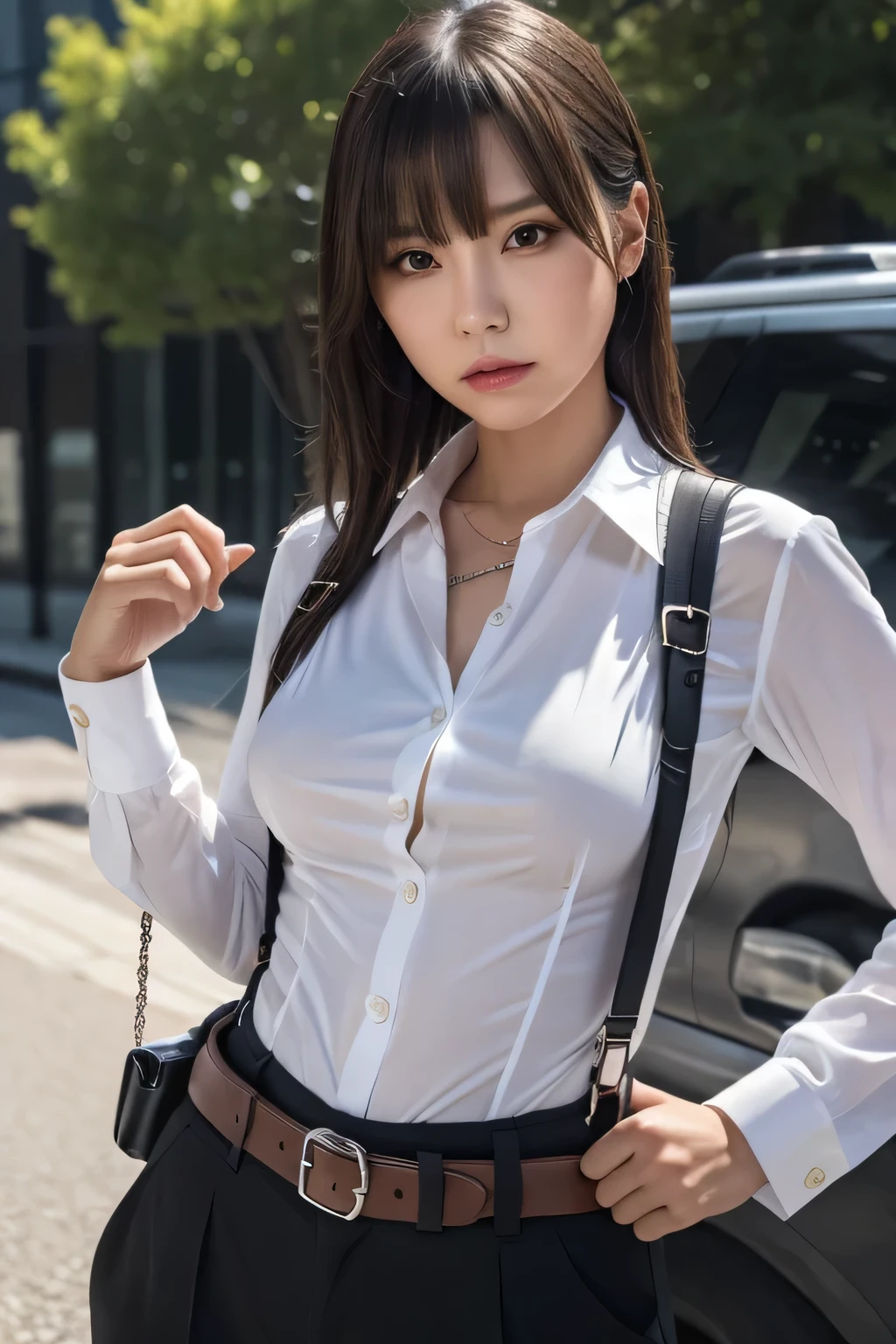 a woman in a suit, belt, hands behind back, sweating, suspenders, black pants, sexly, large breasts, see-through clothing, rain, detective, office worker, white button-up shirt, (best quality,4K,8k,highres,masterpiece:1.2),ultra-detailed,(realistic,photorealistic,photo-realistic:1.37),hyper-detailed,highly detailed face and body, Slender　thin　suspenders　Moderate breasts　See-through shirt　Nipples　holster　chain　Pistol　Armament　criminal　Female criminal　knife