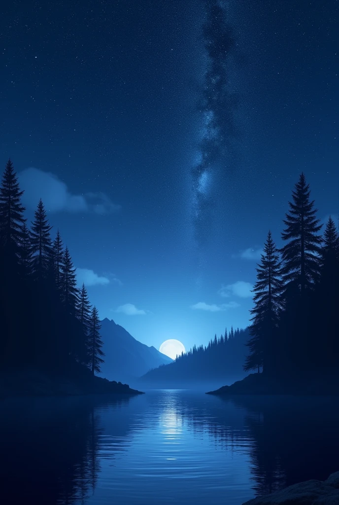 A tranquil nighttime landscape under a star-filled sky. The deep indigo sky is illuminated by countless stars, with the Milky Way faintly visible in the distance. A crescent moon casts a soft, silvery light over the scene. In the foreground, a calm lake reflects the starry sky, with gentle ripples disturbing the surface. Dark silhouettes of tall pine trees border the lake, their forms barely visible in the moonlight. The atmosphere is peaceful and serene, with a sense of quiet solitude and the mystery of the night."