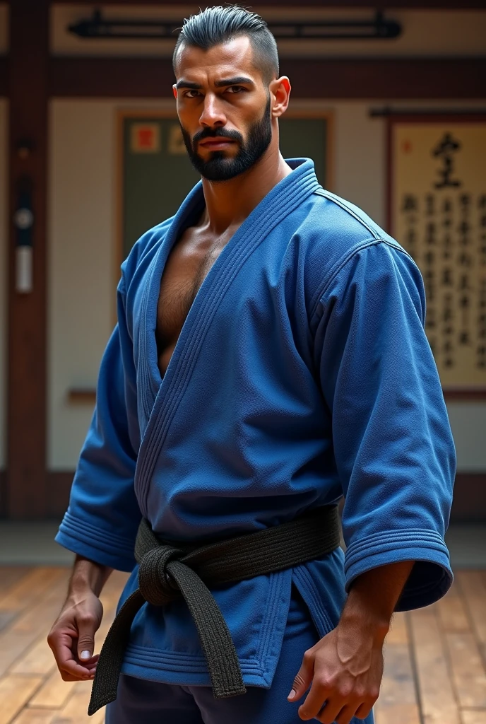 Image of a jiu jitsu fighter, Arab tracos, shorth hair, thick eyebrow, barba, blue kimono. The place would be a dojo