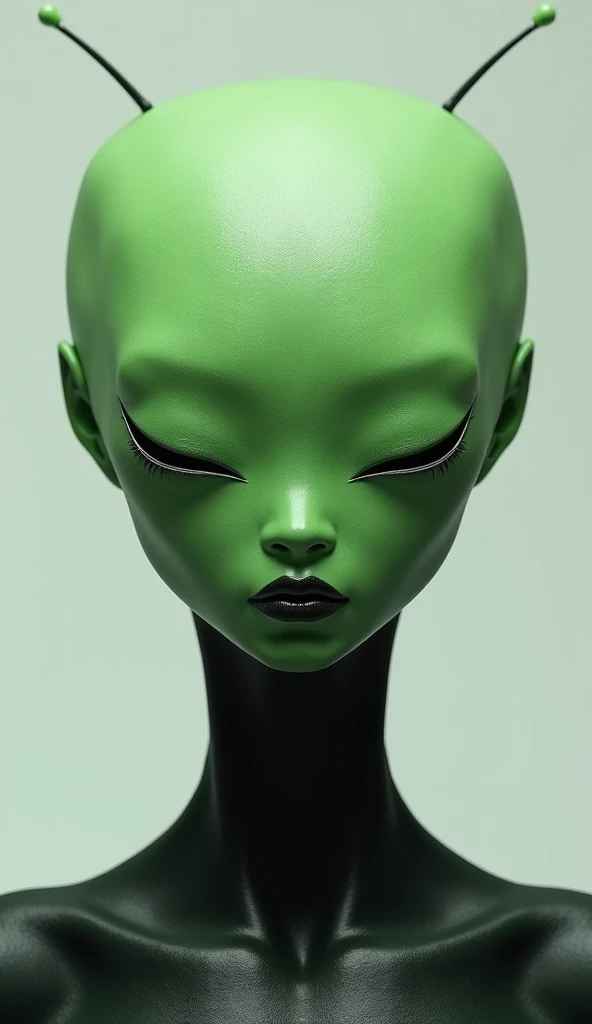 square head green face. android. antennae. very perfect square shape head. alien . green skin. real skin. male. dark lips. small sharp shape.(( no nose)). no ear