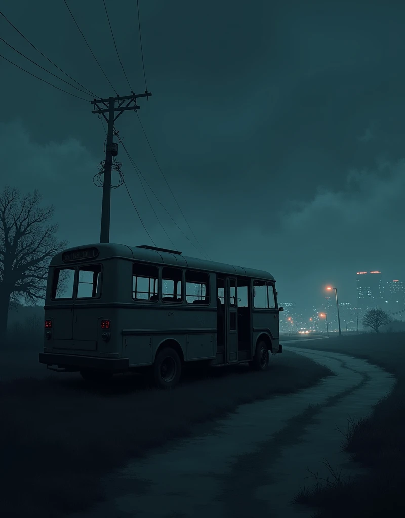 A dark, cold night with a deserted bus parked at the edge of a city.**