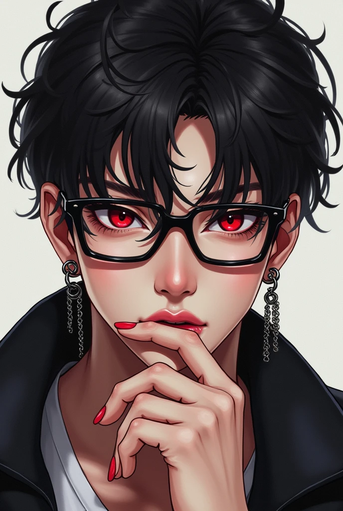 (Portraits:1.4), (masterpiece:1.2, best quality:1.2),a boy with glasses and a red eye is looking at the camera, high quality artstyle, style portrait, style character face focus, extremely detailed face, extremely detailed eyes, good-looking, make up, finger on lips, sunglasses, fashion wear, earrings,