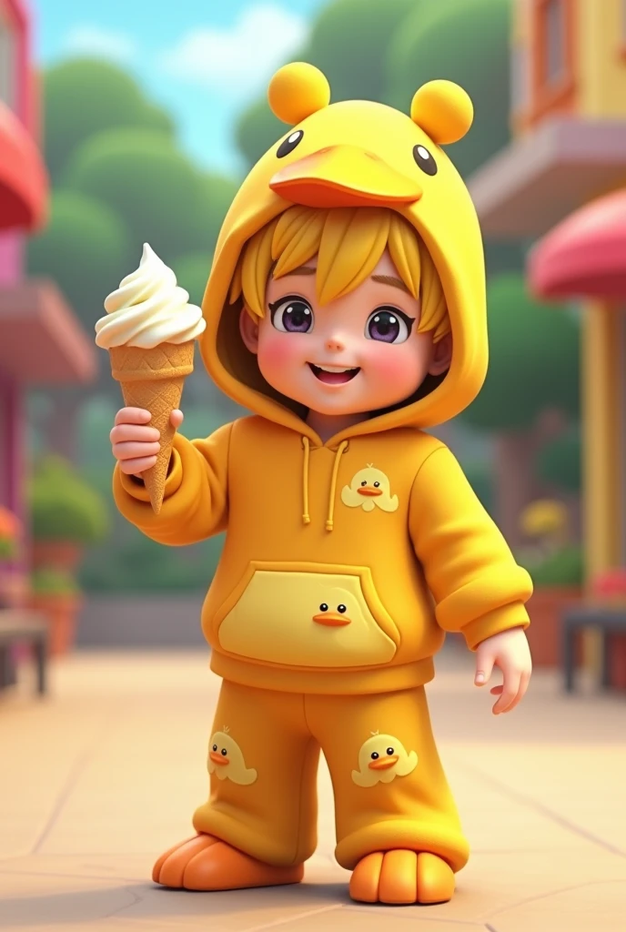 Make a r15 boy Roblox cute character with yellow hair wearing a yellow duck hoodie and yellow duck pant and yellow duck hat and ice cream in hand