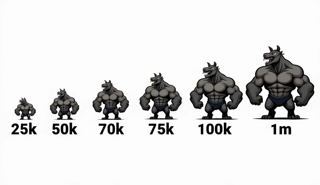 "Create an image on a white background featuring a series of 5 distinct military-style insignia. Each insignia should showcase a fictional animal with exaggeratedly large biceps. The animals should evolve in strength and ferocity as you move from the first to the last insignia. Focus on making each insignia unique, highlighting the progression in the animals' muscularity and intimidation level.

First Insignia (25k): A simple, less intimidating animal with noticeable but moderate biceps. The design should be basic, representing a starting level.

Second Insignia (50k): An animal that looks stronger and more muscular than the first. Its biceps are larger, and its stance is more confident. The insignia design should also be slightly more elaborate.

Third Insignia (75k): A visibly powerful animal with pronounced biceps, showing significant muscle growth. This animal should look intense and the design of the insignia should reflect an intermediate level of difficulty.

Fourth Insignia (100k): A very strong and imposing animal, with massive biceps and a fierce expression. The insignia design should be intricate, indicating high achievement and difficulty.

Fifth Insignia (1M): The final insignia should feature the most intimidating and monstrous animal. It has enormous biceps, a ferocious appearance, and the insignia design should be the most complex and striking, signaling the highest level of accomplishment.

Each insignia should include the corresponding text at the bottom indicating its rank: '25k', '50k', '75k', '100k', and '1M'. Ensure that the animals and insignia are clearly distinct from one another, with a visible progression in strength, size, and design complexity. Focus solely on the insignia—no straps or additional elements."